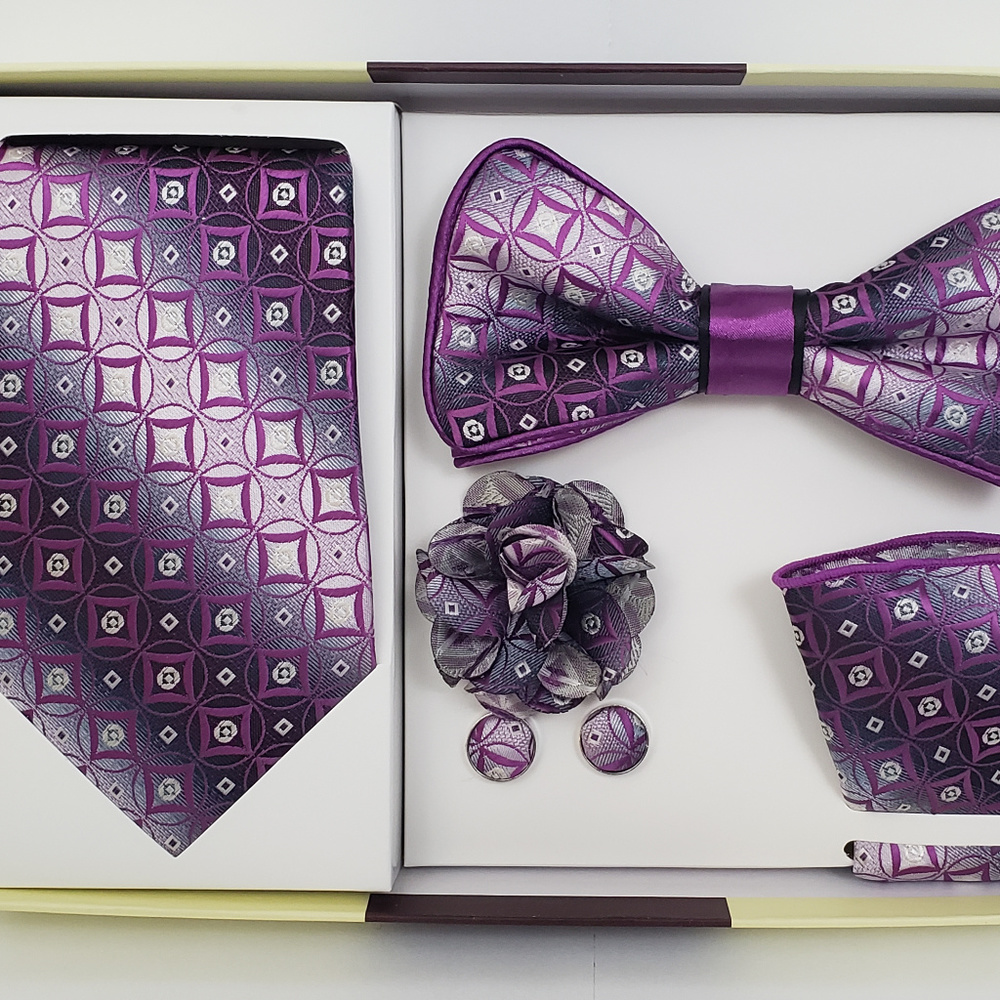 Purple Bow Tie & Necktie Bud Hanky Cuff Link Set